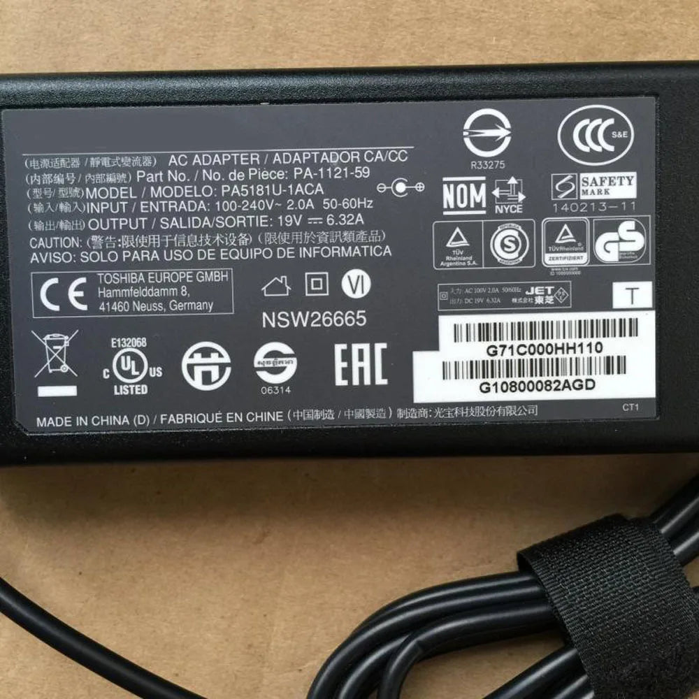 For TOSHIBA 120W Laptop PA5083U-1ACA PA-1121-81 Power Adapter CHARGER 19V 6.32A