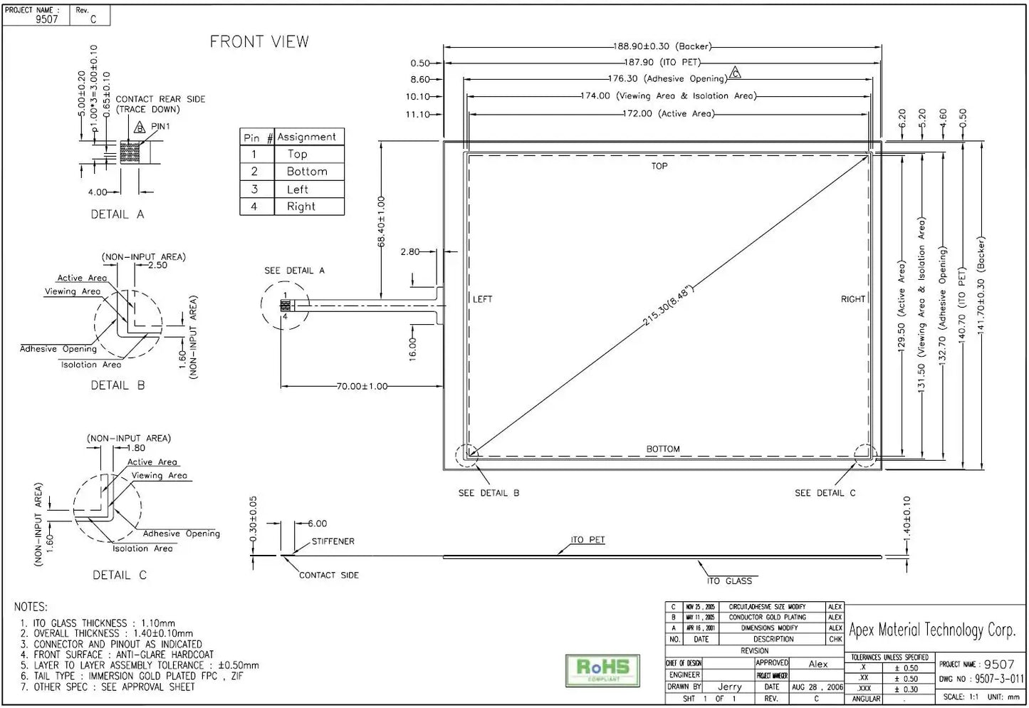 4-wire touch screen 8.4 inch For AMT9507 91-09507-00C