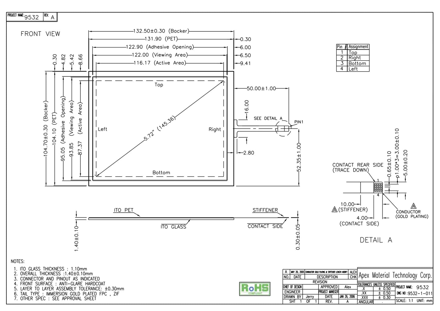 4-wire touch screen 5.7 inch For AMT9532 91-09532-00A