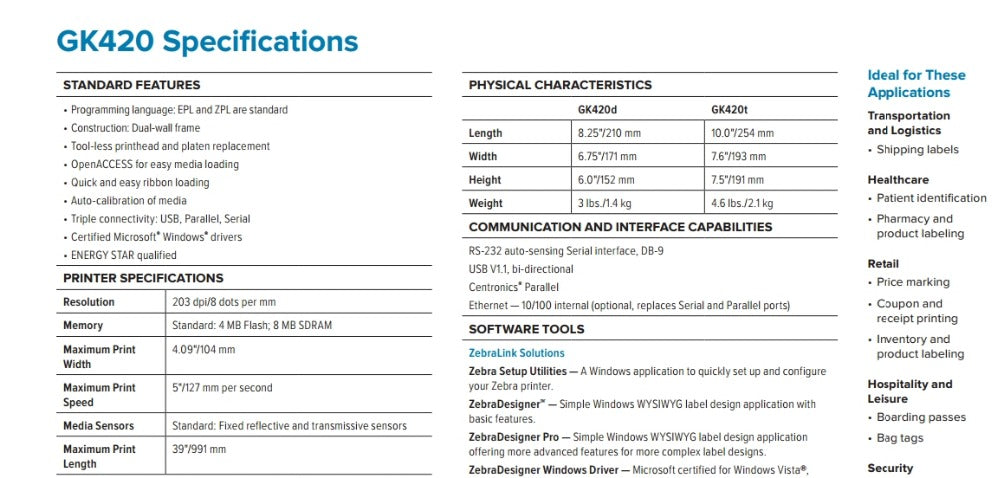 Zebra GK420D ADVANCED DESKTOP PRINTERS, 203 DPI, USB Host