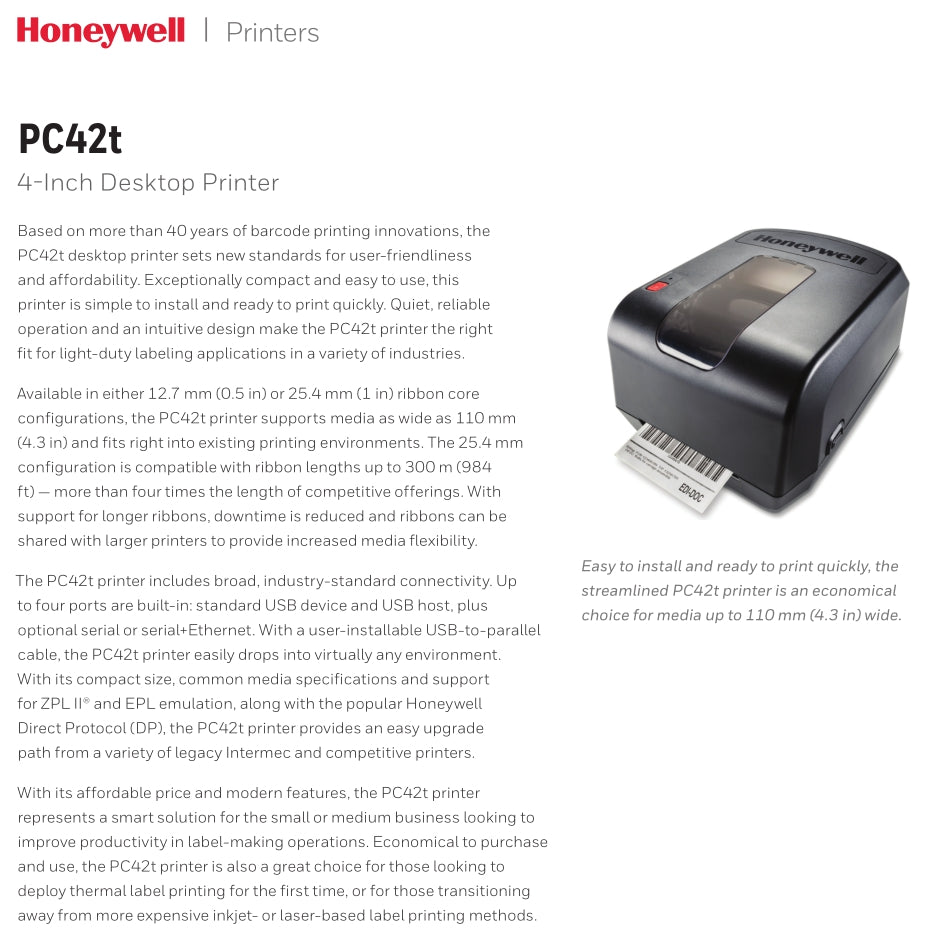 Honeywell barcode printer PC42T Desktop Direct Thermal/Thermal Transfer Label Printer, ethernet interface